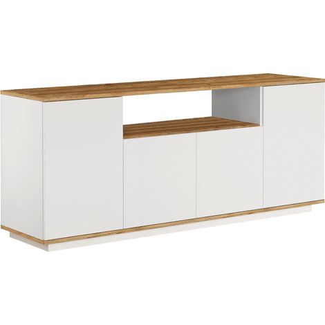 Vente-Unique – Buffet 4 portes avec étagère – Longueur 180 cm – Hauteur 75 cm – Panneau de particule mélaminé – Blanc et naturel