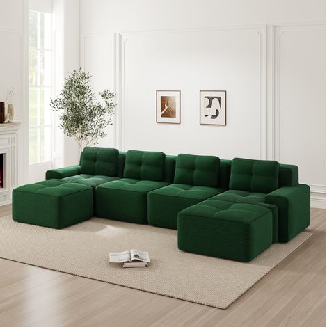 Divano modulare in velluto a coste verde, seduta profonda 74 cm, senza montaggio (1/5)
