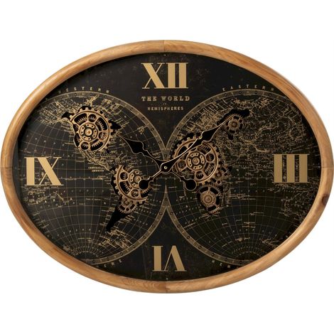 Horloge murale ovale métal carte du monde - naturel et noir (1/4)