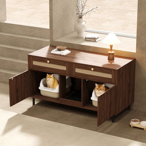Meuble pour litière de chat avec tapis anti-poussière, MDF, noyer, 120 x 50 x 65 cm (1/5)