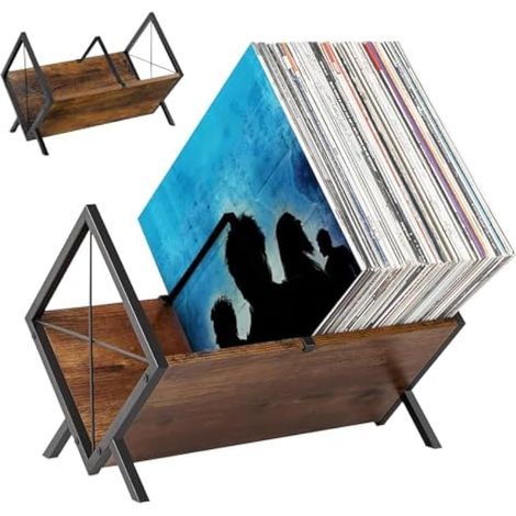Rangement Vinyle, 40 x 22 x 30,5 cm Support Vinyles en Ferronnerie et Bois Massif avec Séparateur Réglable Organiseur pour CD Albums Magazines Livres et Dossiers avec Design Ouvert pour Mélomanes (1/5)