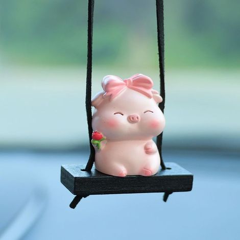 Adorable ornement de voiture en forme de cochon qui se balance, pendentif porte-bonheur pour rétroviseur de voiture en forme de cochon, accessoire d'intérieur de voiture (cochon avec nœud). (1/5)