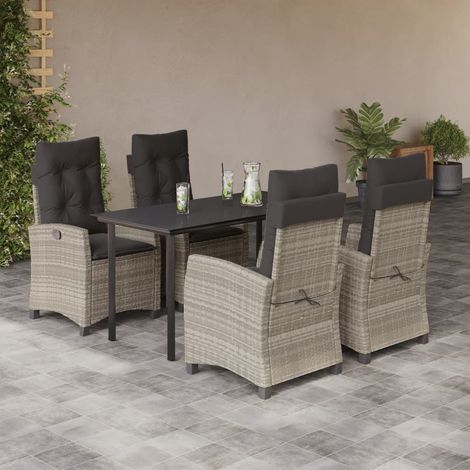 5-tlg. Garten-Essgruppe mit Kissen Hellgrau Poly Rattan
