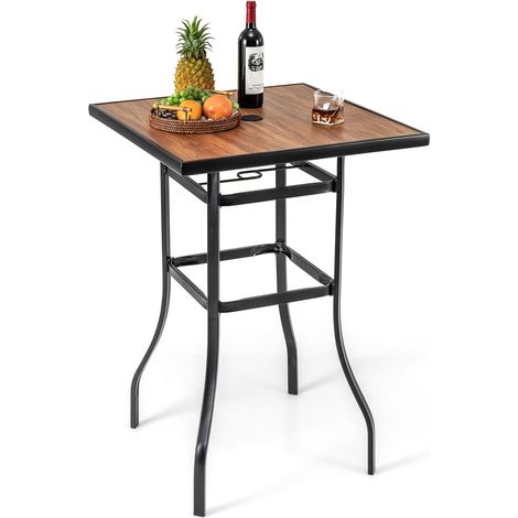 GOPLUS Table de Bar Carrée, Table de Jardin d'Extérieur avec Trou pour Parasol de 39mm, Plateau Imitation Bois et Cadre en Métal Robuste, Table Haute de Bistrot 70x70x102CM, pour Patio, Terrasse (1/5)