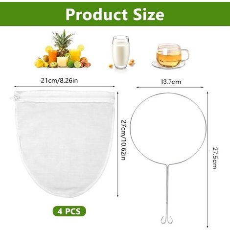 4er-Pack Filterbeutel mit 1 Stahlring waschbares Filtertuch wiederverwendbarer Filterbeutel Baumwollfilterbeutel für Saft Milch Kaffee Nussmilch 21 cm (1/4)