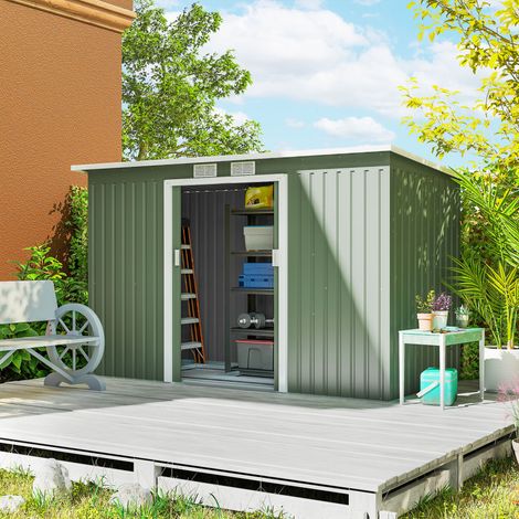 Abri Extérieur Jardin Porte Coulissante Base Aérations Clair Aménagement Vert 280x130x172cm