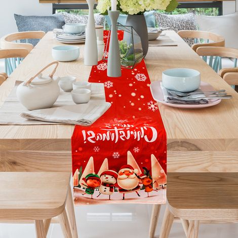 Chemin de table de Noël avec motif Père Noël blanc et bonhomme de neige, chemin de table rouge, décorations de fête pour réunions de famille sur le thème de Noël (1/5)
