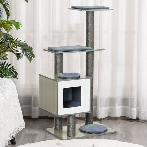 Kratzbaum aus Holz, 71,5 x 49,5 x 120 cm, mit Höhle, Plattformen, Kratzstämmen und Kissen, Grau (1/5)