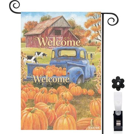 Drapeau de jardin décoratif 30 x 45 cm motif maison de campagne et citrouilles toile double face pour jardin extérieur (1/5)