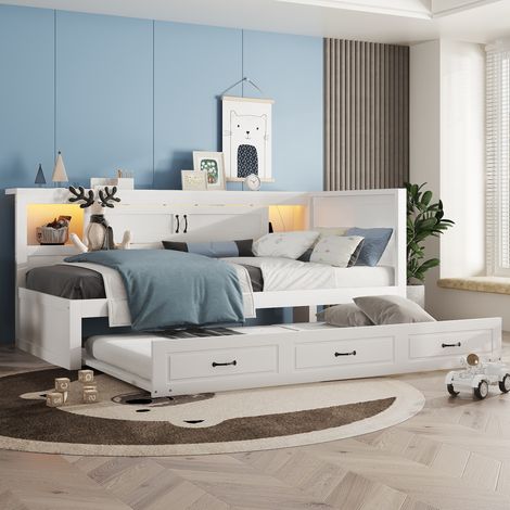 Banquette-lit enfant 90x200 cm avec lit gigogne extensible, LED d'ambiance, rangement latéral, prise et USB, lit multifonctionnel, Blanc (1/5)