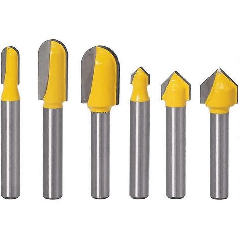 Lot de 6 porte-fraises de 6,35 mm, 3 fraises à fond arrondi et 3 fraises à rainurer à 90° avec nez arrondi pour le travail du bois, diamètres de coupe 6,35 mm et 9,52 mm. (1/3)