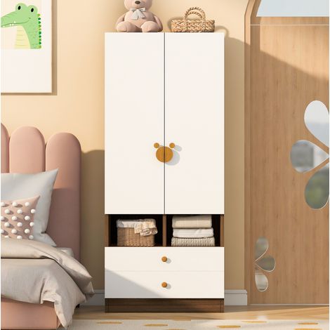 Armadio a 2 ante 70x50x170 cm con 2 cassetti e ripiani, maniglie a cartone animato, MDF, marrone e bianco (1/5)
