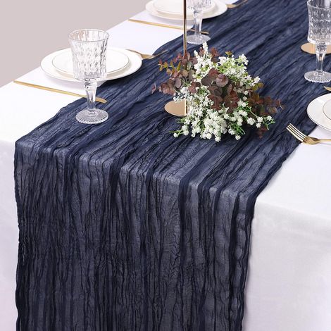 Chemin de table plissé suédois, nappe style bohème balinais, chemin de table rustique pour mariage, décoration de table pour fête, bleu marine multicolore (1/5)