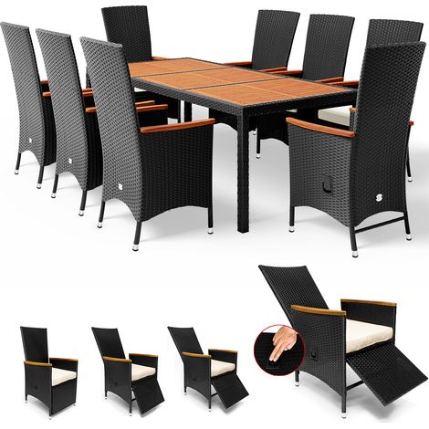 Casaria Poly Rattan Sitzgruppe 8 Stühle Neigbare Fuß- und Rückenlehne 7cm Auflagen Tisch 190x90 cm Akazie Holz Gartenmöbel Set