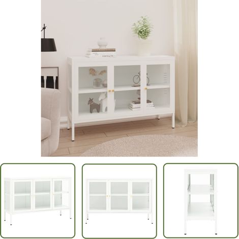 The Living Store Buffet Blanc 105x35x70 cm Acier et verre - Buffet Blanc - Meuble De Rangement - Armoire Laterale - Vitrine - Mobilier Moderne (1/5)