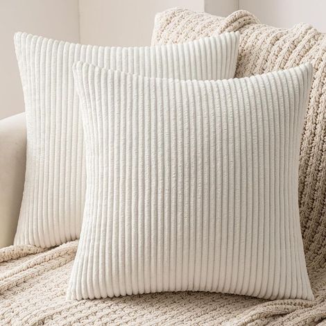 Lot de 2 Housse de Coussin Decorative en Velours Côtelé Canapé Taie d'oreiller Douce pour Maison Salon Chambre Lit Clic Clac 40x40 cm Blanc (1/5)