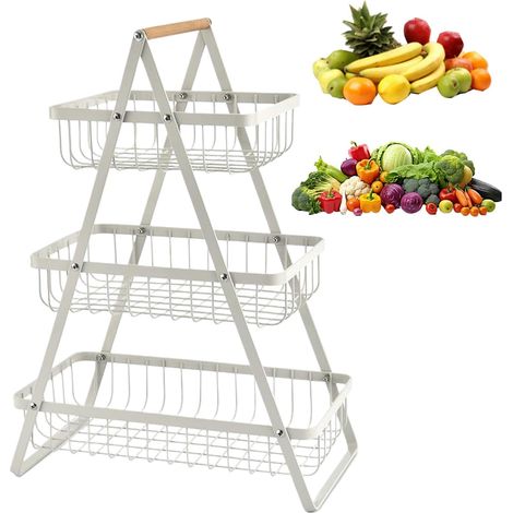 3 Etages Corbeille a Fruit,Corbeilles à Fruits+Rangement Legumes,Métal Corbeille Fruit Poignée en Bois,Panier de Fruits en Couches Approprié Famille,Cuisine,Bureau(Blanc) (1/5)