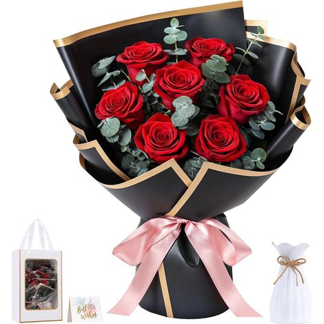 Bouquet de Fleurs Préservées avec Vase – 7 Roses (1/5)