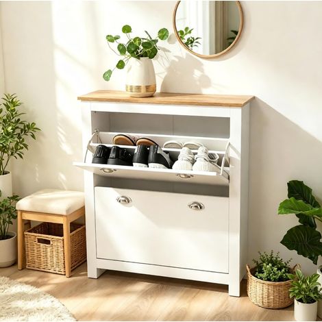 Zapatero 79 x 23 x 90,5 cm en roble y blanco con 2 puertas abatibles y estantes regulables (1/5)