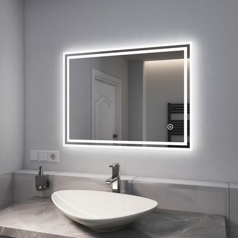 EMKE Wall Mounted Shaver Socket LED Bathroom Mirrors with Extra Fuse, Dimmable & Demister, 600x800mm Horizontal / Vertical (1/5)