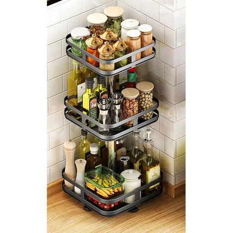 Etagère à épices rotative 3 niveaux – Support carré noir H 59 cm x L 24 cm – Barrières anti-chute – Conception modulable (1/5)
