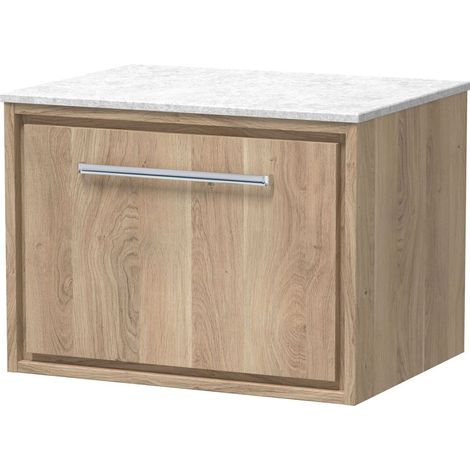 Longnor 1 Drawer Wall Hung Vanity Unit with White Marble Worktop, Light Oak, 600mm