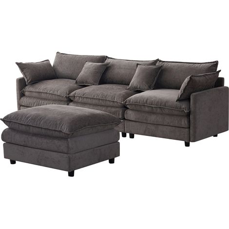 Sofá rinconero modular de chenilla gris de 3 plazas con chaise longue y pouf (1/5)