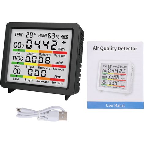 Moniteur 5 en 1 pour CO2 TVOC CO avec capteur de température et d'humidité Portable intérieur extérieur gaz maison bureau voiture noir. (1/5)
