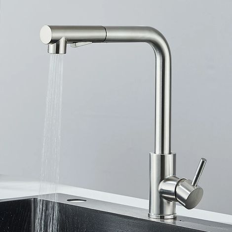 (Nickel brossé A) Robinet d'évier extractible, douchette à double jet, base en acier inoxydable (1/4)