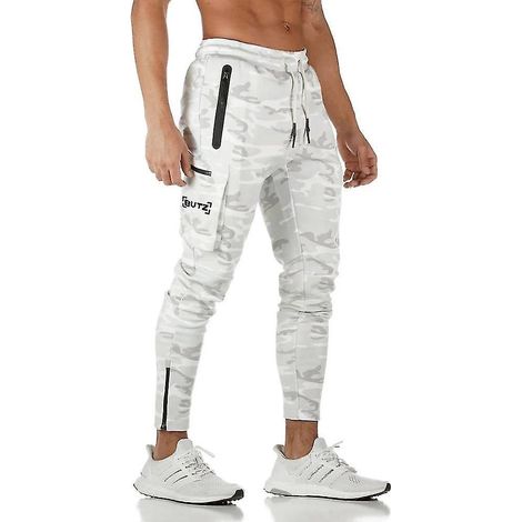 Pantalon cargo de sport européen/américain pour homme, camouflage, idéal pour le fitness, la course et l'entraînement. Fermeture éclair tendance. Taille L, camouflage blanc, taille 1. (1/5)