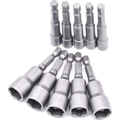 Coffret de forets pour perceuse 10 Pièces Douille Visseuse 6-19mm - Adaptateur Embout, Hexagonal Pour Tournevis à écrou de pour Perceuse à Main, Tournevis électrique, Clé à Douille (Acier au chrome va (1/4)