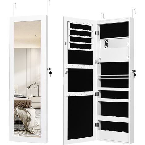 Armadio per gioielli con specchio LED 119cm di altezza, Armadio per gioielli montabile a parete o porta Bianco (1/4)