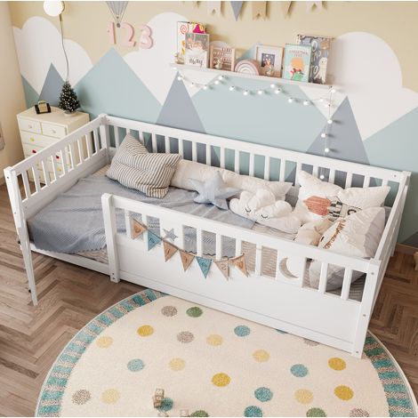 Cama infantil con barandilla y cierre blanca OKMYHOME (1/5)