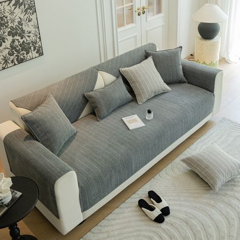 Copridivano 4 Posti con Penisola Ciniglia, Fodera per Divano Antiscivolo Antimacchia, Telo Copridivano con Braccioli Tessuto Super Morbido Universale - grigio elegante 110x240cm