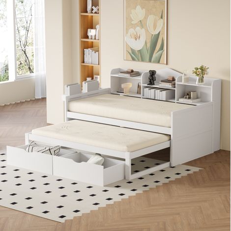 Cama nido de madera blanca 90x200 cm con cama extra 90x190, 2 cajones, almacenaje y puerto USB (1/5)