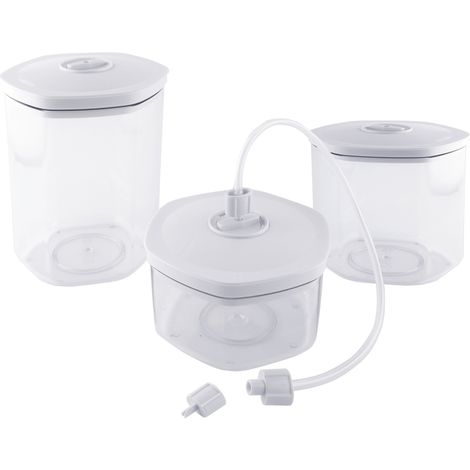 Lotto di 3 contenitori sottovuoto + kit adattatore + tappo per bottiglia Capacità contenitori: 0,7l, 1,4l e 2l (per rif.: 7000 / 7040)