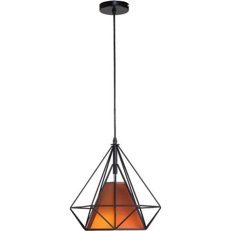 U-do 25CM Lustre Suspension Cage en Fer Forme Diamant avec Douille Eclairage Style Industrielle (Noir + Marron) (1/4)