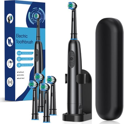 Brosse à dents électrique rotative SENK à tête ronde sur piles 4 brossettes avec support et étui de voyage Noir (1/5)