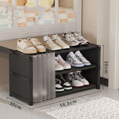 Meuble à chaussures, Armoire à chaussures simple à trois niveaux avec rideau de porte - Noir (1/3)