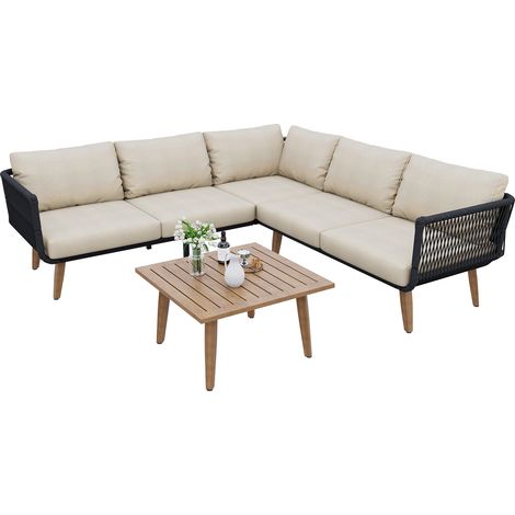 CAIziEnsemble de meubles de jardin, canapé + table basse, tube en acier galvanisé, olefine, plateau couleur bois, tressage en corde, adapté au jardin, beige + noir