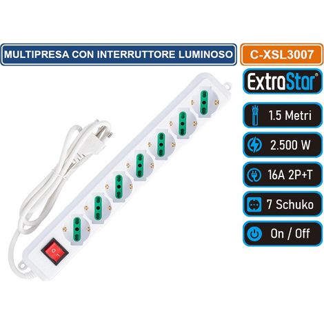 EXTRASTAR MULTIPRESA 7 POSTI BIPASSO SCHUKO 250V COLORE BIANCO CON INTERRUTTORE LUMINOSO 3500W 10/16A (1/4)