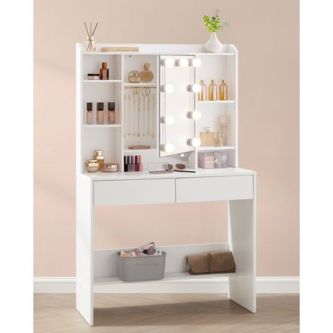 Vasagle – Coiffeuse enfant avec 9 lumières LED – 3 tonalités et intensité réglable – Étagères réglables et 2 tiroirs – Dimensions 40x90x144,7 cm – Blanc nuage (1/5)