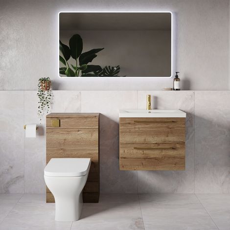 Napoli 390 Tobacco Oak 1100mm Wall Mounted 2 Drawer Vanity Unit and Toilet Suite with Glide Basin - 1100mm - Brushed Brass 320mm HandleWith Kingston Toilet Pan and Seat