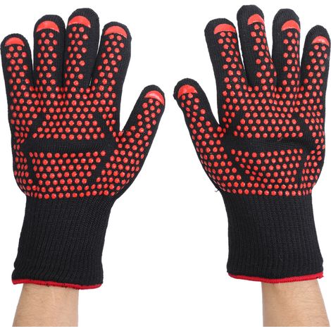 Gants thermiques cuisine extérieur barbecue four gril anti-chaleur 500°C aramide silicone coton noir rouge 28-34cm 1 paire (Flèche) (1/5)
