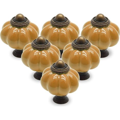 Tiradores de cerámica vintage con forma de calabaza para cómodas, cajones y armarios, 6 piezas, color amarillo. (1/5)