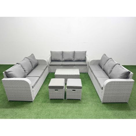 Fimous PE Rattan Lounge Sofa Set 11 Seater Outdoor Garden Furniture Set with Rectangular Coffee Table 3 Seater Sofa 2 Stools Light Grey (1/5)