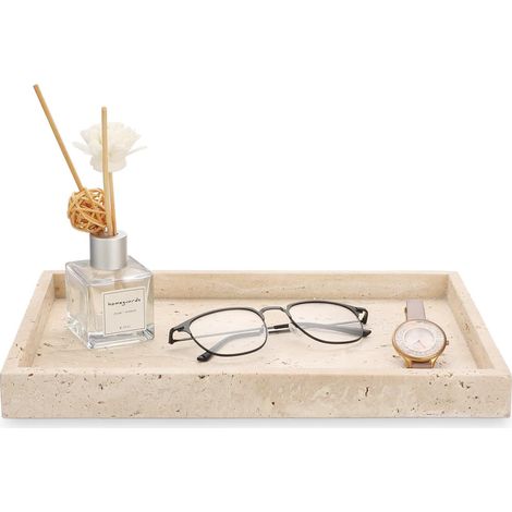 Plateau rectangulaire en travertin beige naturel, pour ranger bijoux et parfums, organisateur de salle de bain (Beige) (1/5)