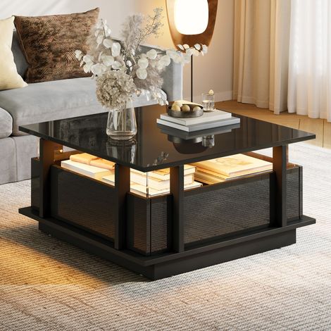 Table Basse Carrée 70x70x35 cm - Finition Laque Brillante Noire - LED Intégrée - 2 Tiroirs - Rangements Acrylique - Structure Panneaux de Particules - Noir (1/5)