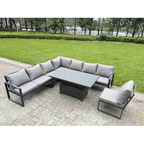Fimous 7 Pieces Aluminium Garden Furniture Set with Cushions, Patio Furniture Set with Adjustable Rising Lifting Dining Table Dark Grey (1/5)