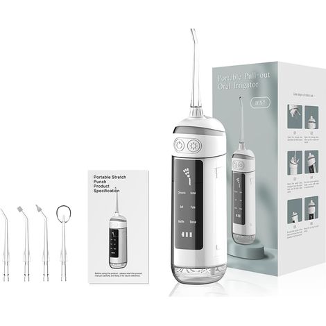Douche buccale 6 modes - Irrigateur buccal portable, étanche IPX7, fil dentaire inclus, brosse à dents avec 4 embouts, à domicile et en voyage, blanc (1/5)